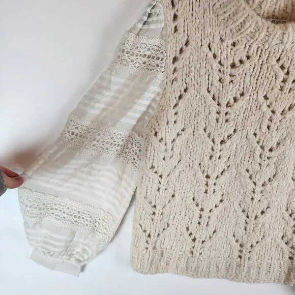 Sea New York Ellie Combo Sweater Cable Knit Puff Lace Sleeves Cream Alpaca Wool - Picture 4 of 14